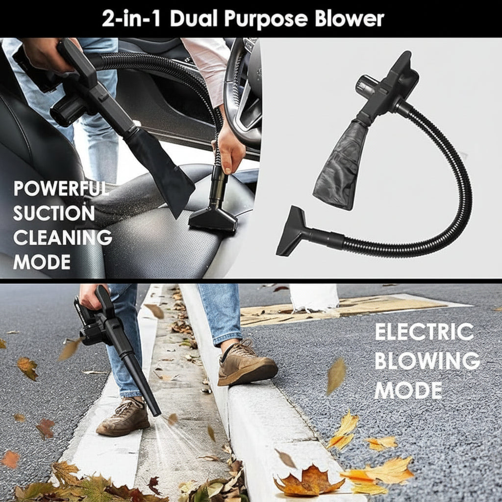 A 2-in-1 dual purpose electric blower attachment shown in a collage with two usage modes: vacuuming a car seat in the top-left panel and blowing leaves on a curb in the bottom-left panel, plus a standalone product view on the top-right. Text labels read '2-in-1 Dual Purpose Blower,' 'POWERFUL SUCTION CLEANING MODE,' and 'ELECTRIC BLOWING MODE.