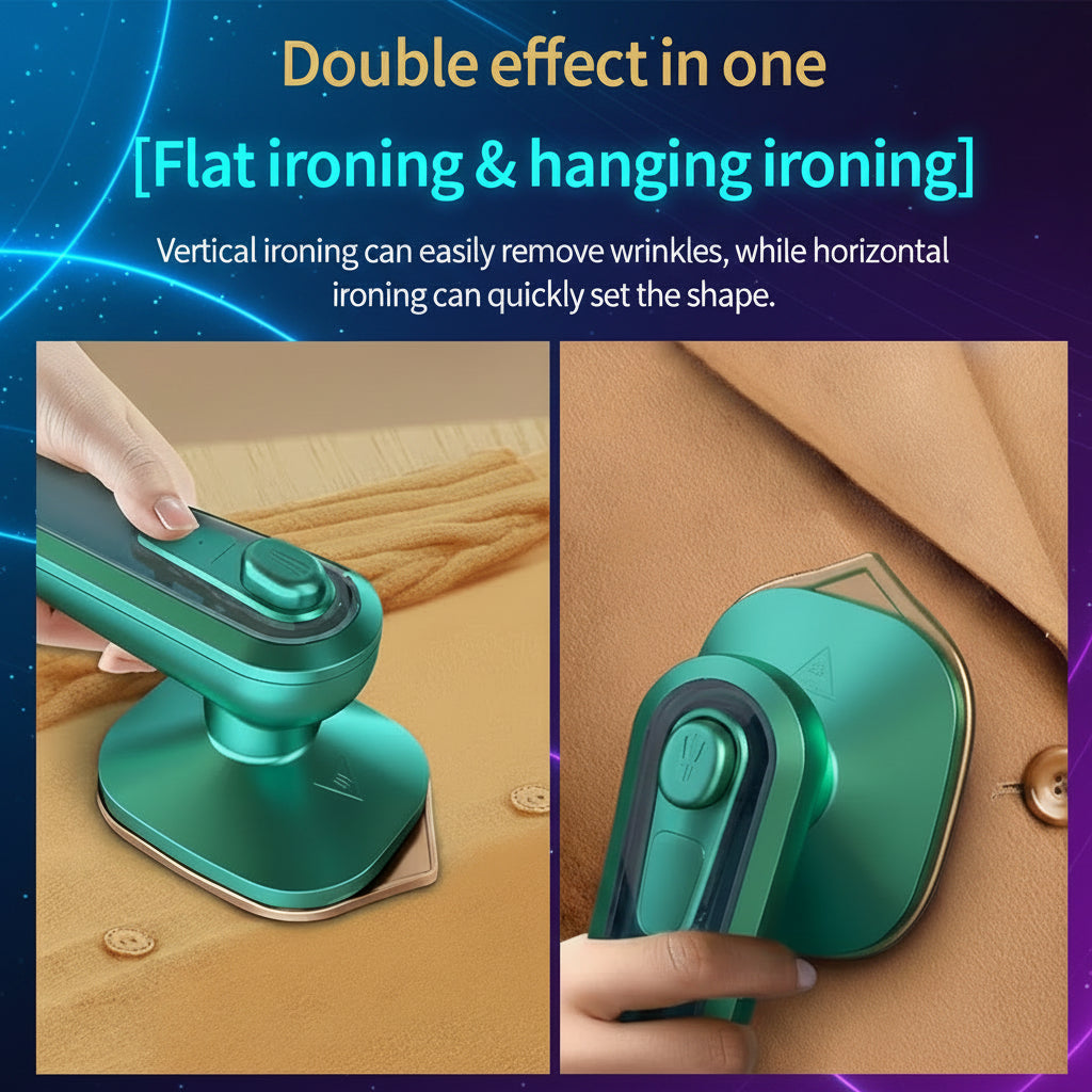 Teal iron with text about flat and hanging ironing on a dark background