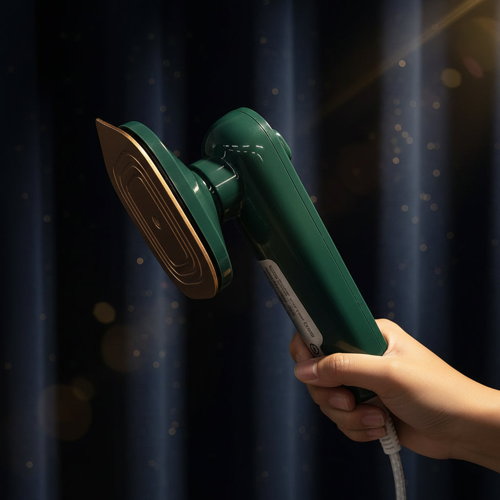 Green handheld shower head held by a hand with a white background