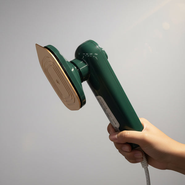 Green handheld shower head held by a hand with a white background