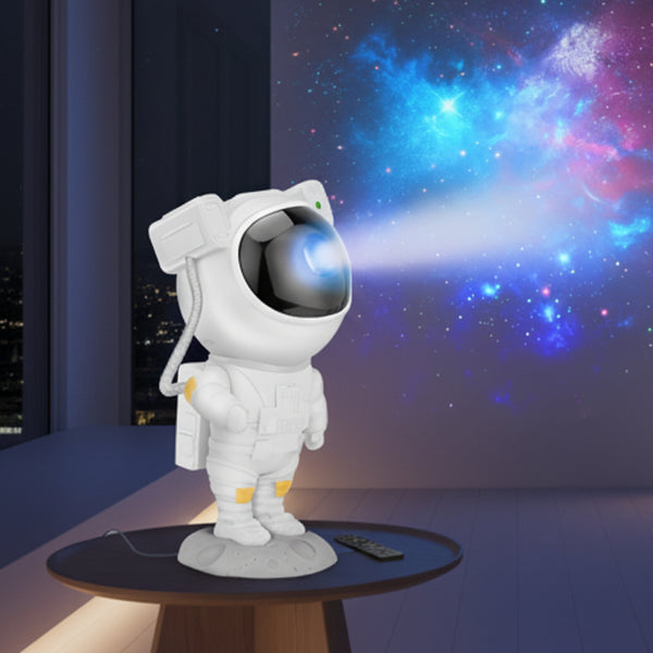 Astronaut lamp with remote control against a colorful galaxy background