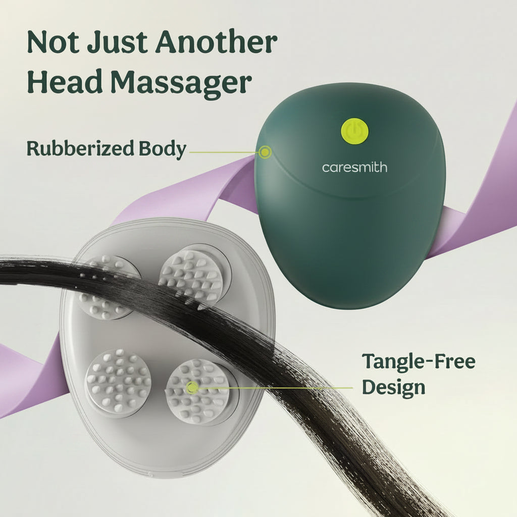 Caresmith head massager with features highlighted on a light blue background