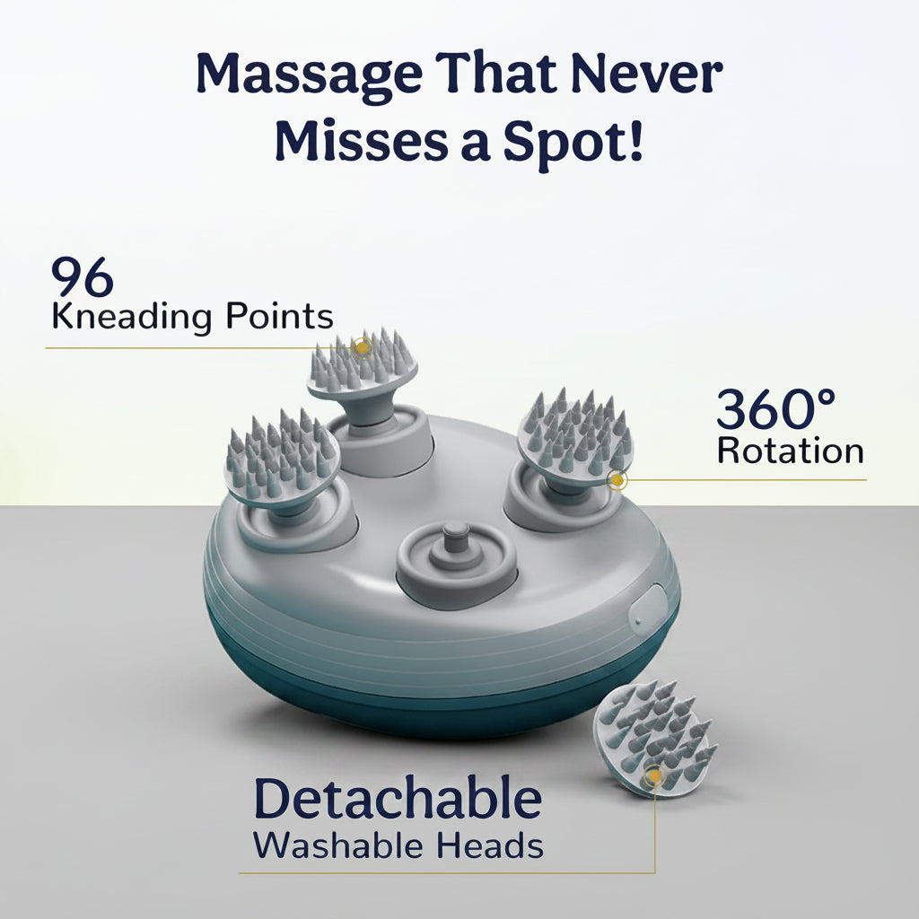 Massage tool with 96 kneading points and 360-degree rotation on a green background