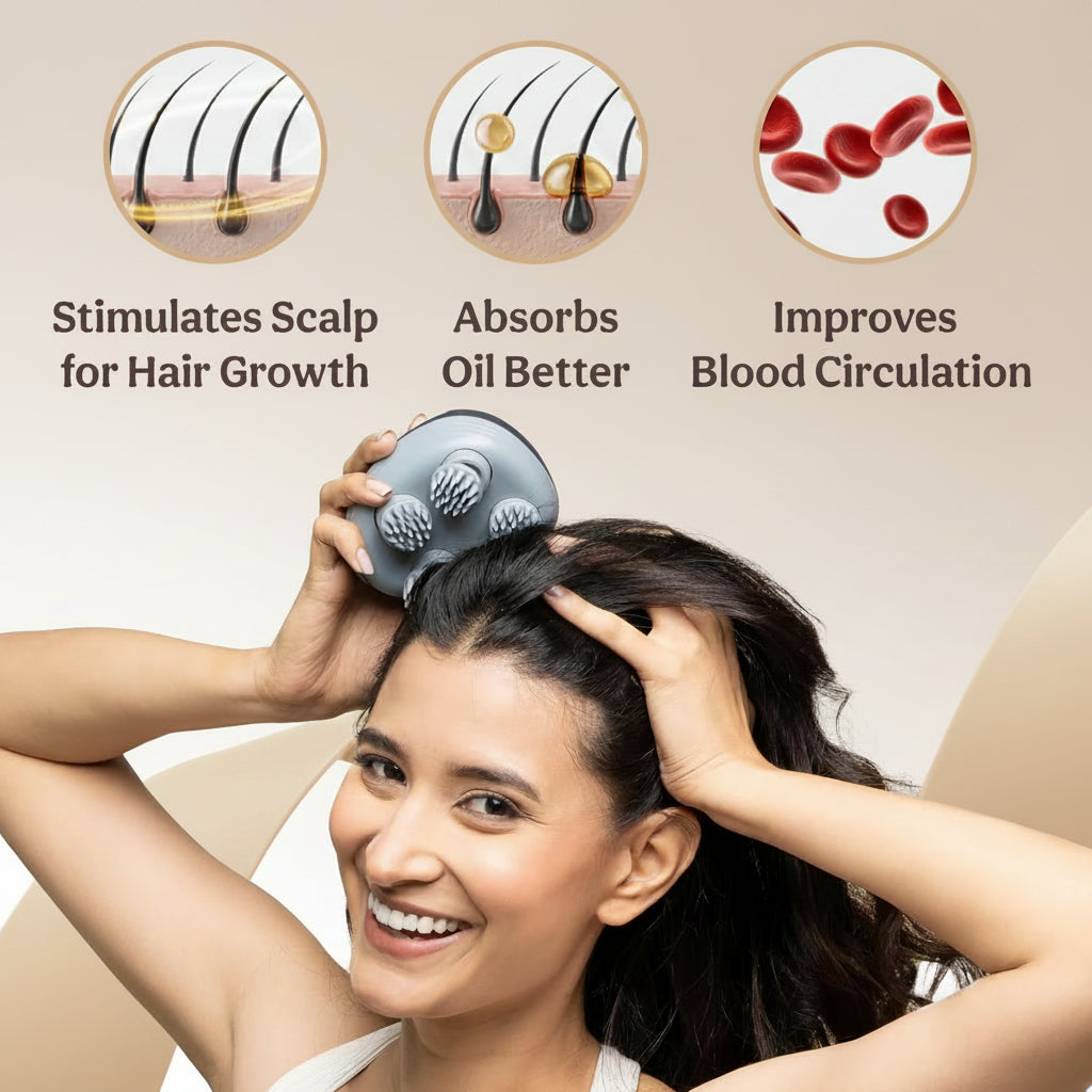 Woman using a scalp massager with benefits displayed on a light blue background