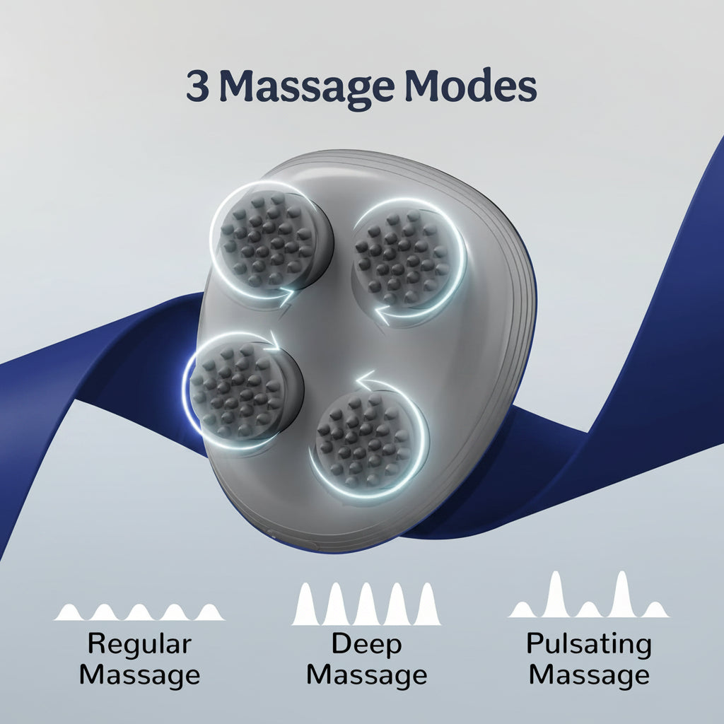 Massage device with three modes labeled on a light green background