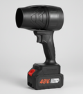 A cordless electric air blower tool in black plastic with a red power button and a black 48V battery, shown on a white background.