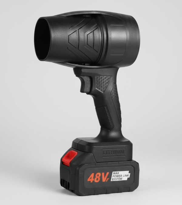 A cordless electric air blower tool in black plastic with a red power button and a black 48V battery, shown on a white background.