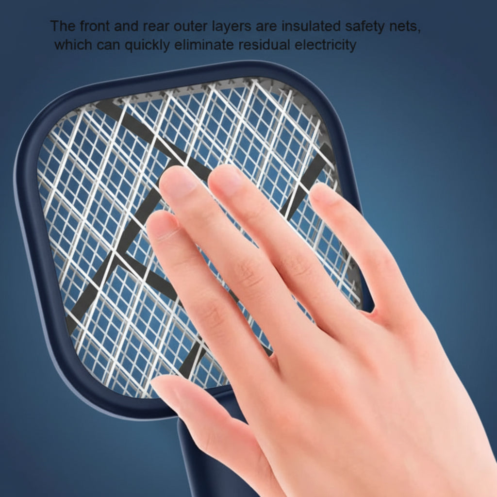 Hand touching an insulated safety net on a yellow background with text about electric shock protection.
