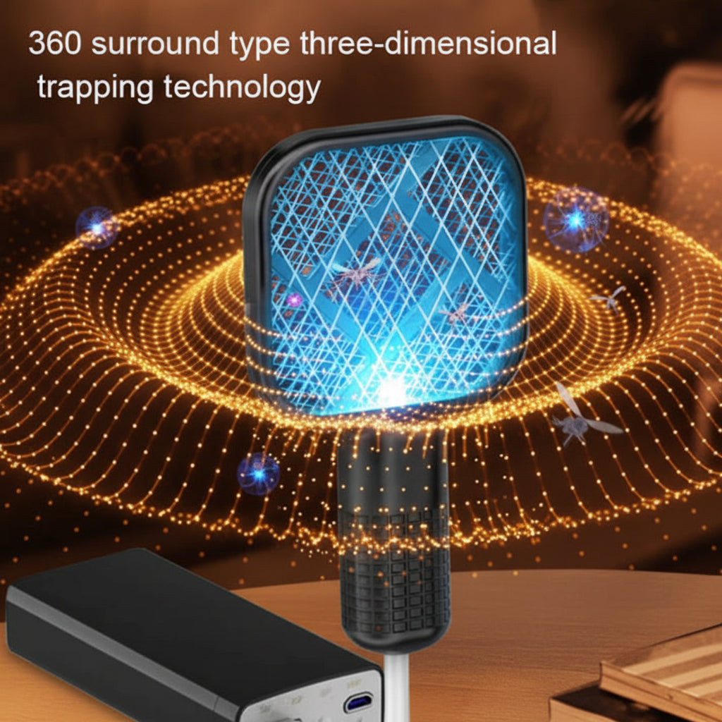 A handheld electric insect trap with a glowing purple and blue grid pattern, shown with a black power bank and marketing text reading '360 surround type three-dimensional trapping technology' on a dark illustrated background.