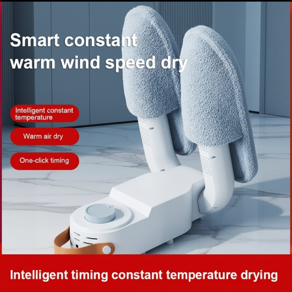 Shoe dryer with text highlighting features on a wooden floor