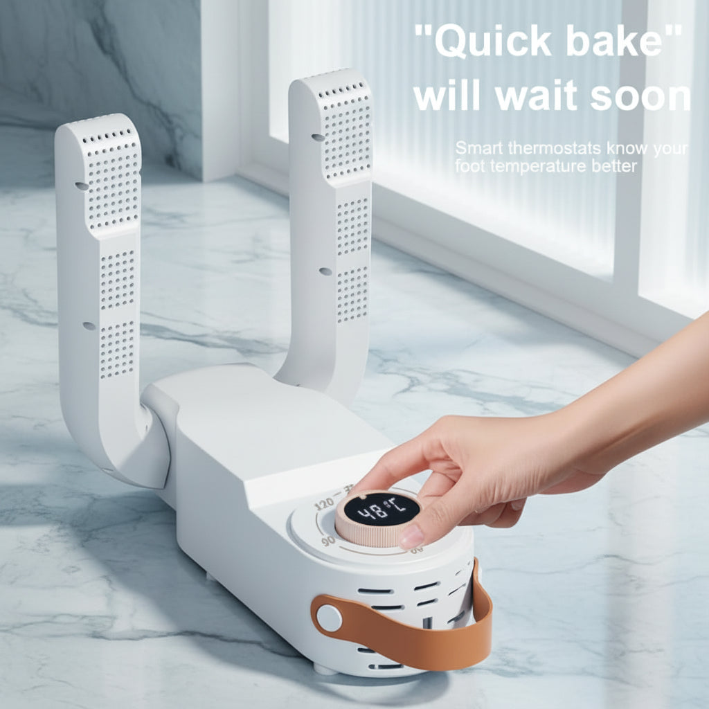 White electronic device with a digital display on a brown carpet, with text 'Quick bake will wait soon'.