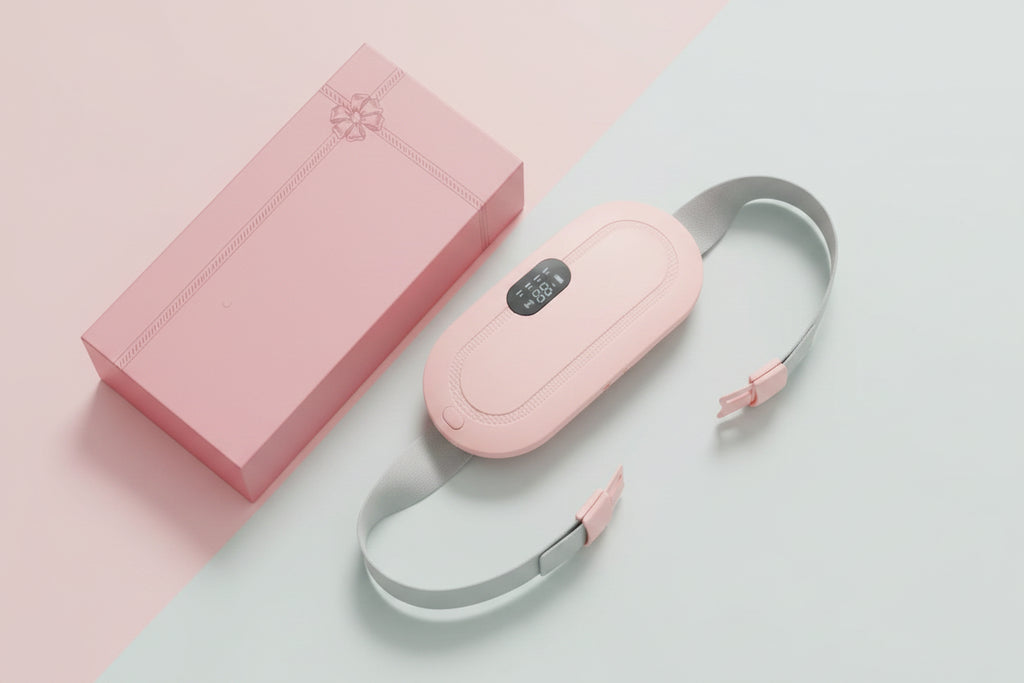 A pink electronic beauty device with a digital display screen and a light gray strap, shown in front of its matching pink gift box.