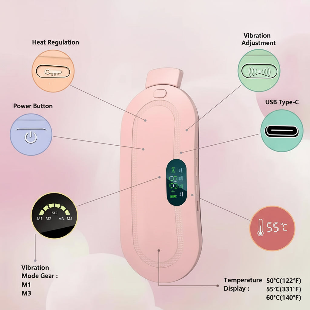 A pink handheld beauty device with a black digital display, shown on a pale pink background with callout circles and labels explaining features such as heat regulation, power button, vibration adjustment, USB Type-C, vibration modes, and temperature display.