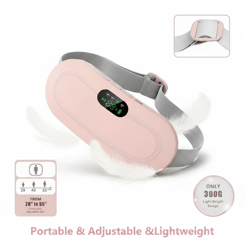 A pink portable neck and shoulder massager with an adjustable gray strap, shown on a soft pink background with promotional text and inset diagrams about size adjustability and weight.