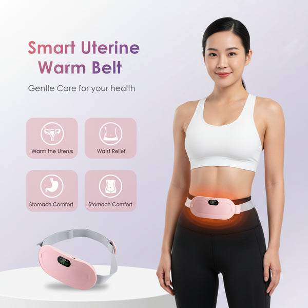 Multifunctional intelligent uterine warm belt with a woman wearing it on a pink background