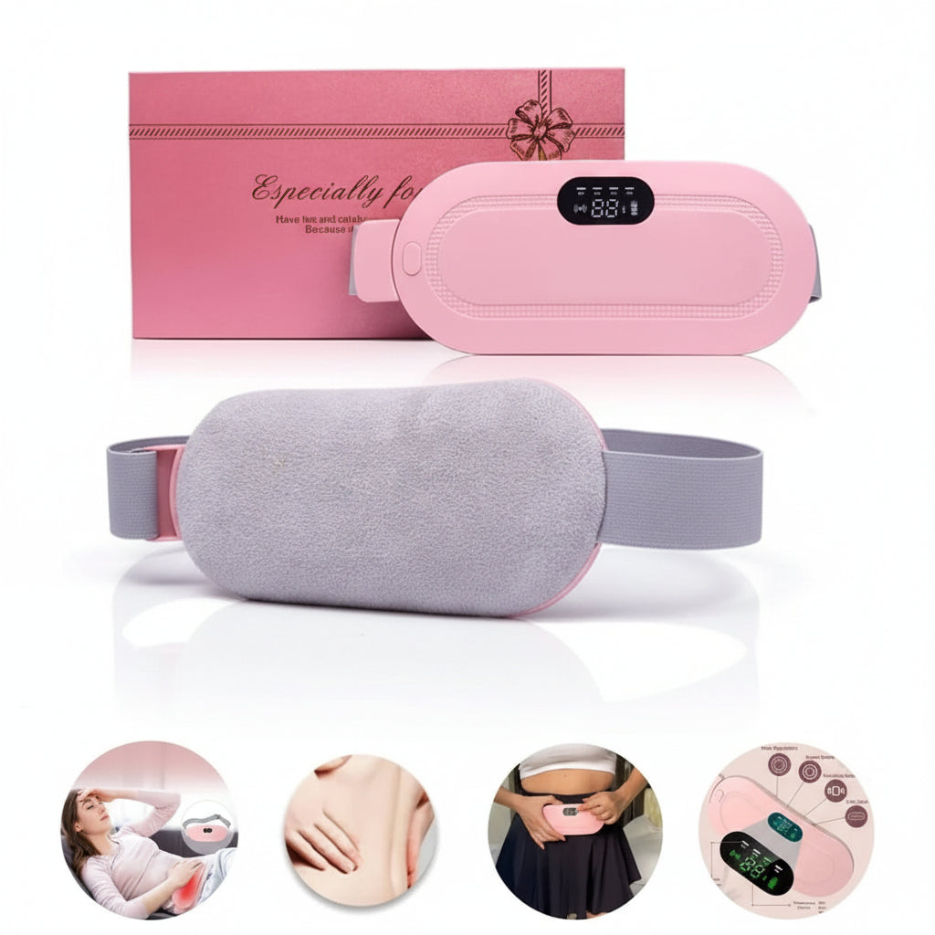 Pink and gray abdominal massage device with a digital control panel, shown alongside its pink gift box and four circular inset images demonstrating use on the abdomen, lower back, and hands.